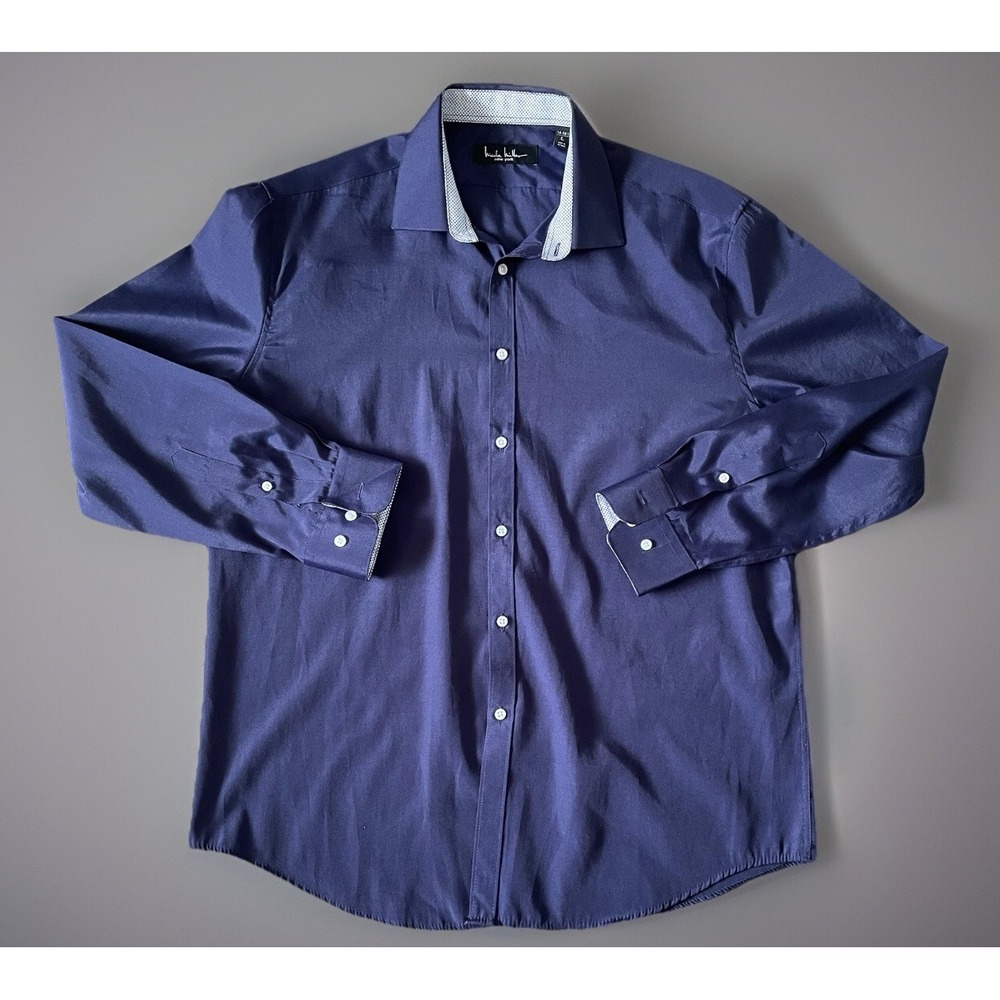 Nicole Miller New York Long Sleeve Button Up Shirt Blue Men's 16-16.5 Large JBHS